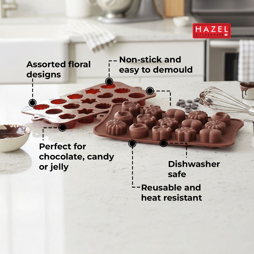 HAZEL Silicone Assorted Flower Chocolate Mould | 15-Cavity Non-Stick Mold for Homemade Chocolate, Candy, Jelly & Ice Cubes | Flexible & Reusable (Brown)