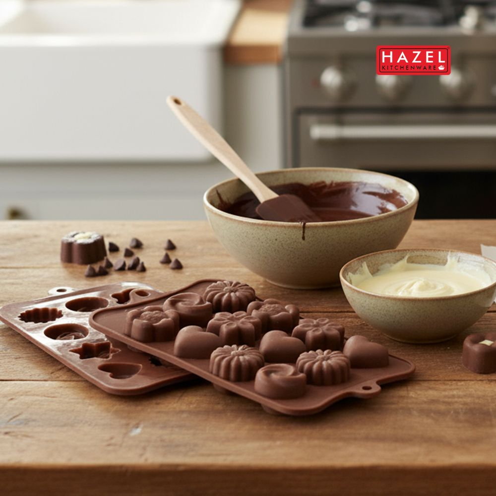 HAZEL Silicone Assorted Flower Chocolate Mould | 15-Cavity Non-Stick Mold for Homemade Chocolate, Candy, Jelly & Ice Cubes | Flexible & Reusable (Brown)