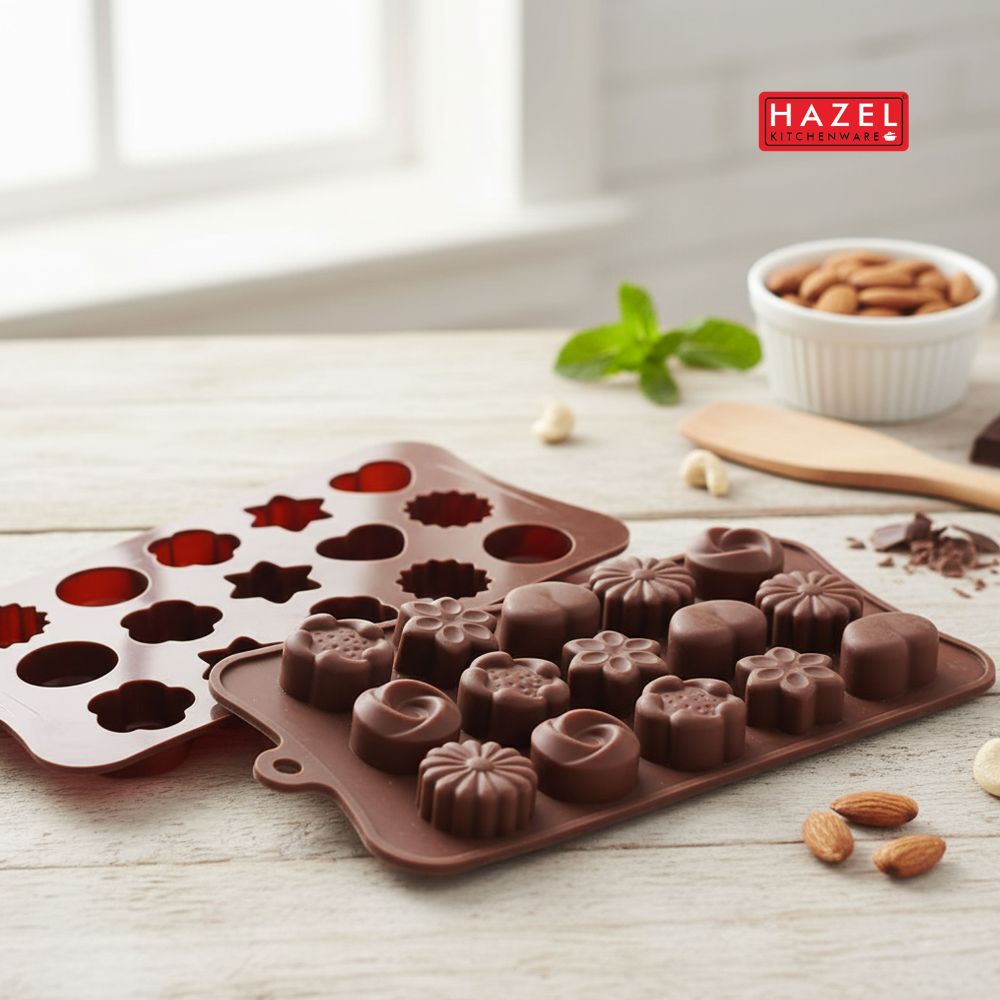 HAZEL Silicone Assorted Flower Chocolate Mould | 15-Cavity Non-Stick Mold for Homemade Chocolate, Candy, Jelly & Ice Cubes | Flexible & Reusable (Brown)
