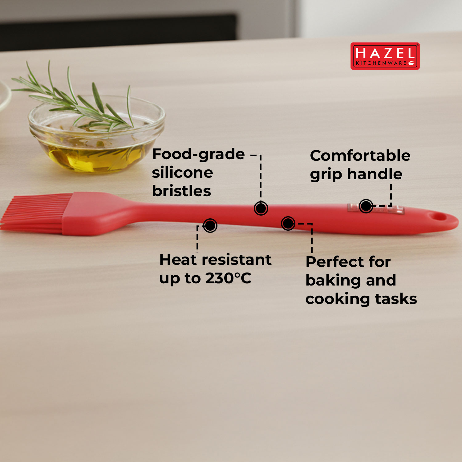 HAZEL Silicone Brush 8 inch (Red)| Heat Resistant Oil & Butter Brush for Baking, BBQ, and Cooking | Non-Stick, Flexible & Easy to Clean Kitchen Basting Brush