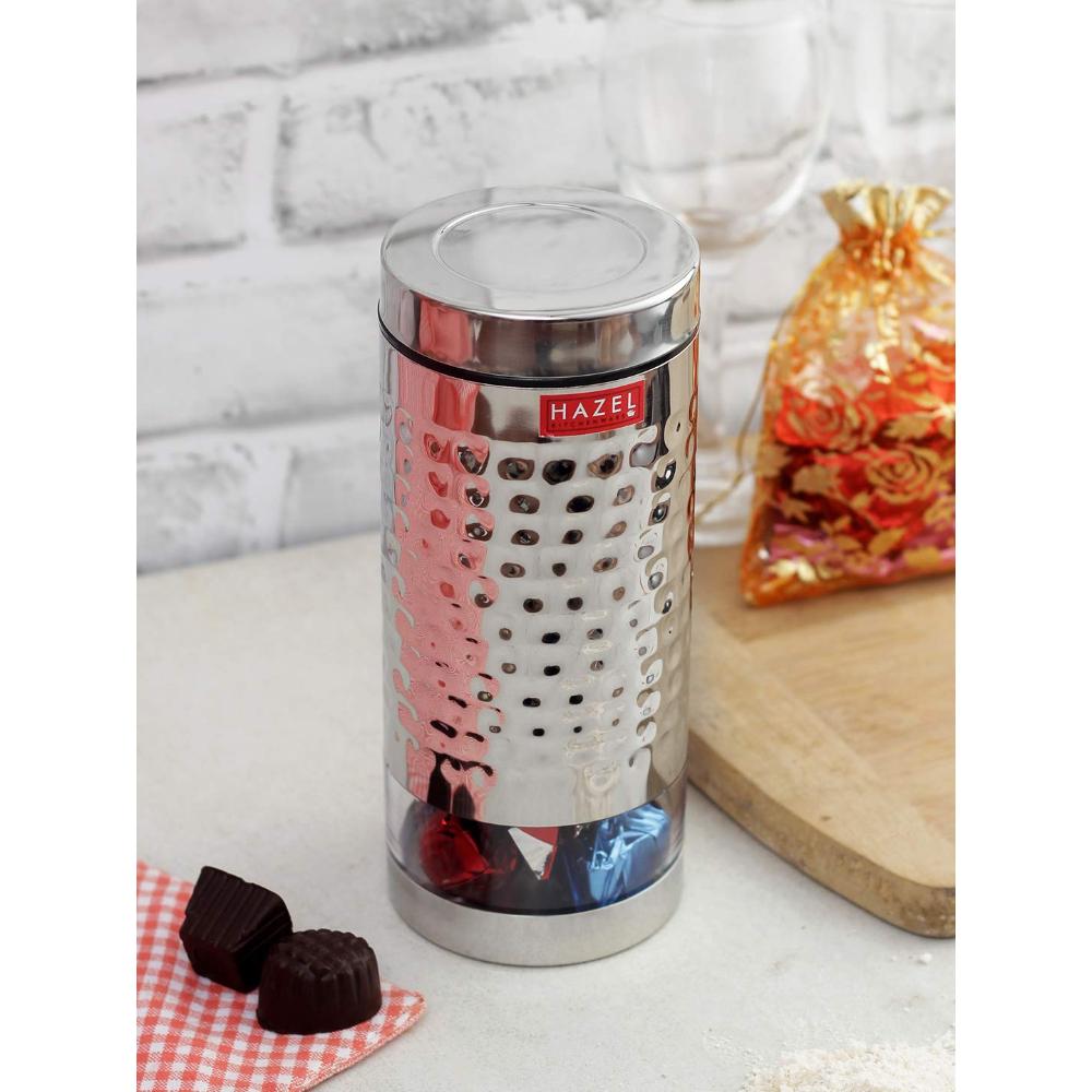 HAZEL Stainless Steel Hammered Finish Transparent Glossy See Through Container, 1000 ML, Silver