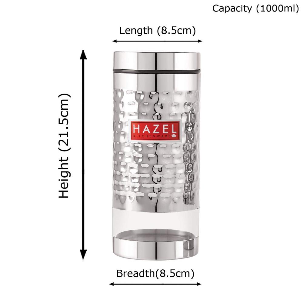 HAZEL Stainless Steel Hammered Finish Transparent Glossy See Through Container, 1000 ML, Silver