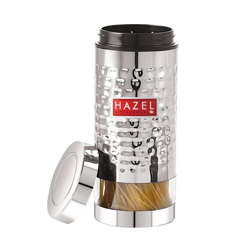 HAZEL Stainless Steel Hammered Finish Transparent Glossy See Through Container, 1000 ML, Silver