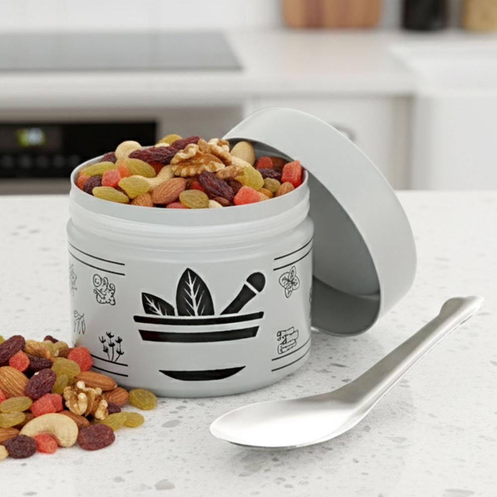 HAZEL Masala Container Set with Spoon | Airtight GI Steel Spice Box for Kitchen Storage, Grey