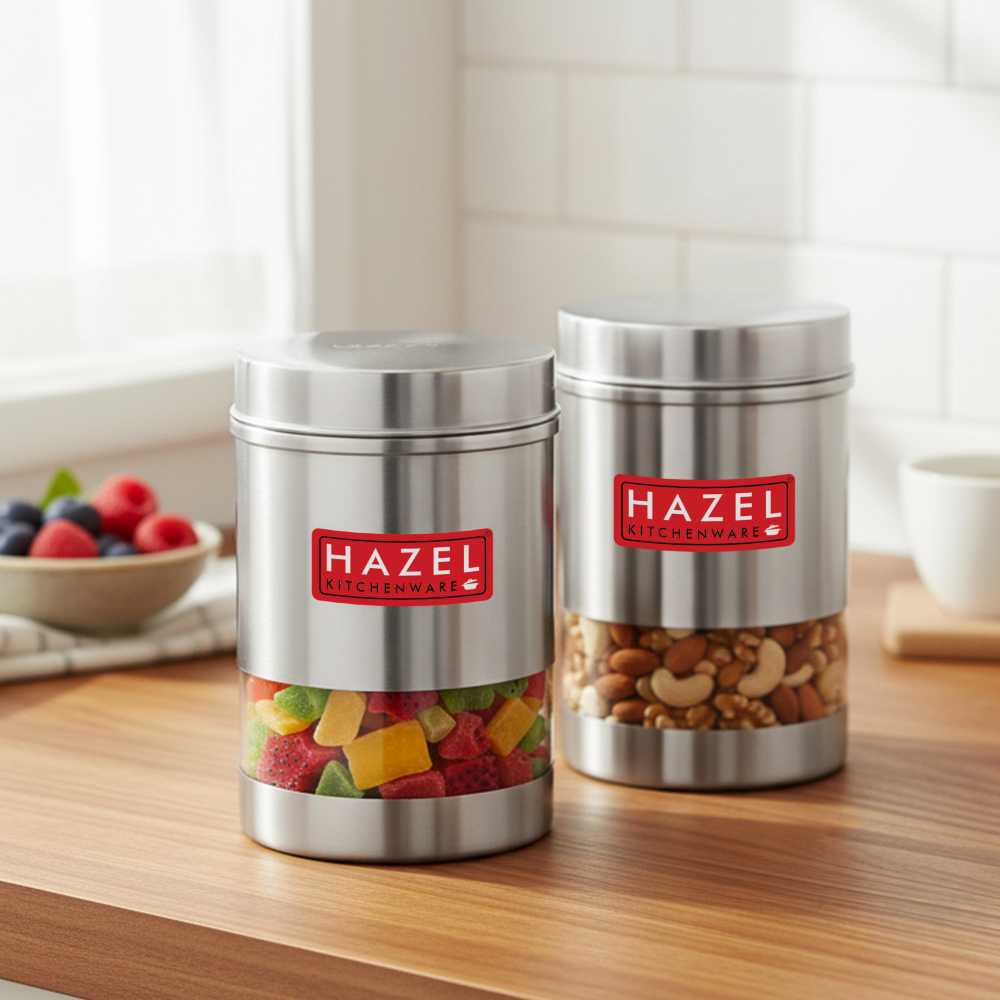 HAZEL Stainless Steel Transparent See Through Container Set of 2, Silver, 600 Ml Each
