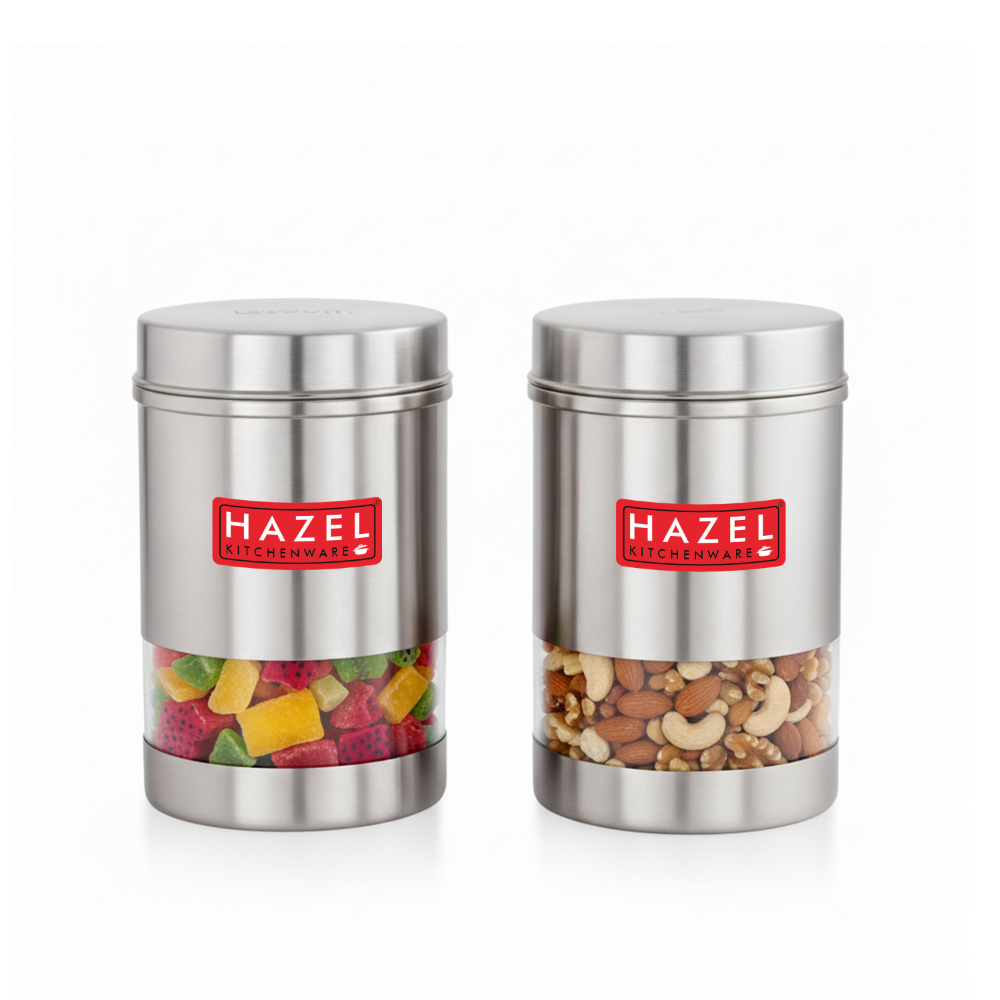 HAZEL Stainless Steel Transparent See Through Container Set of 2, Silver, 600 Ml Each