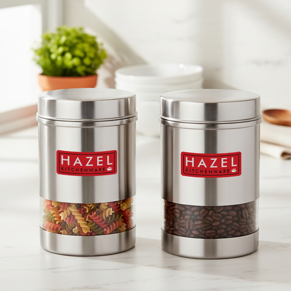 HAZEL Stainless Steel Transparent See Through Container Set of 2, Silver, 600 Ml Each