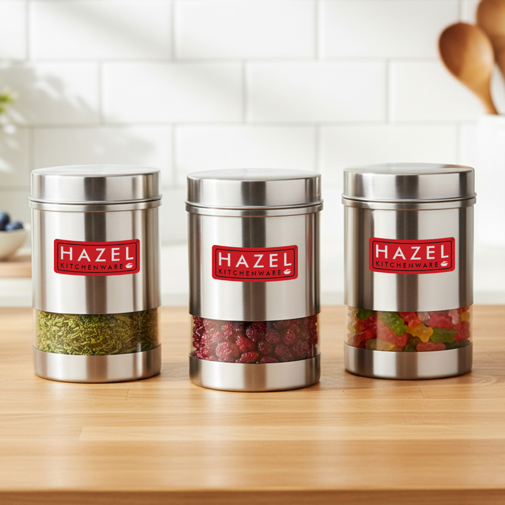 HAZEL Stainless Steel Transparent See Through Container Set of 3, Silver, 600 Ml Each