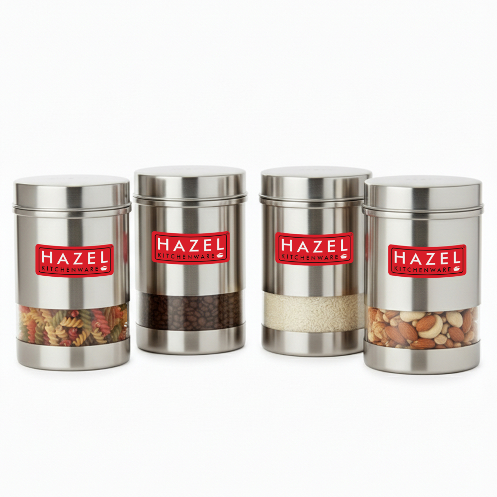HAZEL Stainless Steel Transparent See Through Container Set of 4, Silver, 600 Ml Each