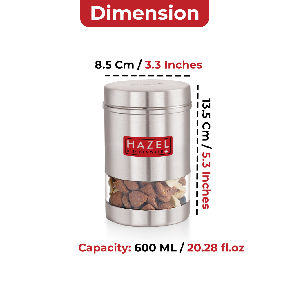 HAZEL Stainless Steel Transparent See Through Container Set of 4, Silver, 600 Ml Each