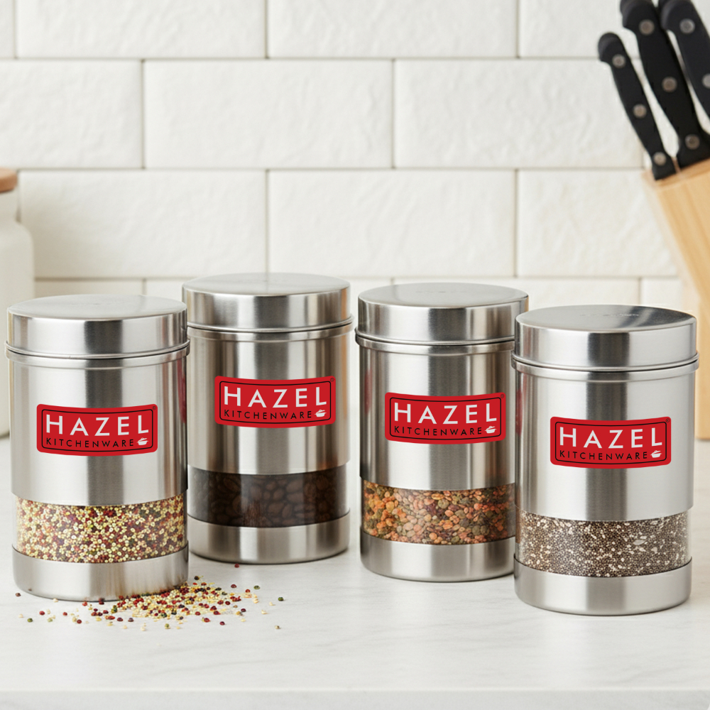 HAZEL Stainless Steel Transparent See Through Container Set of 4, Silver, 600 Ml Each