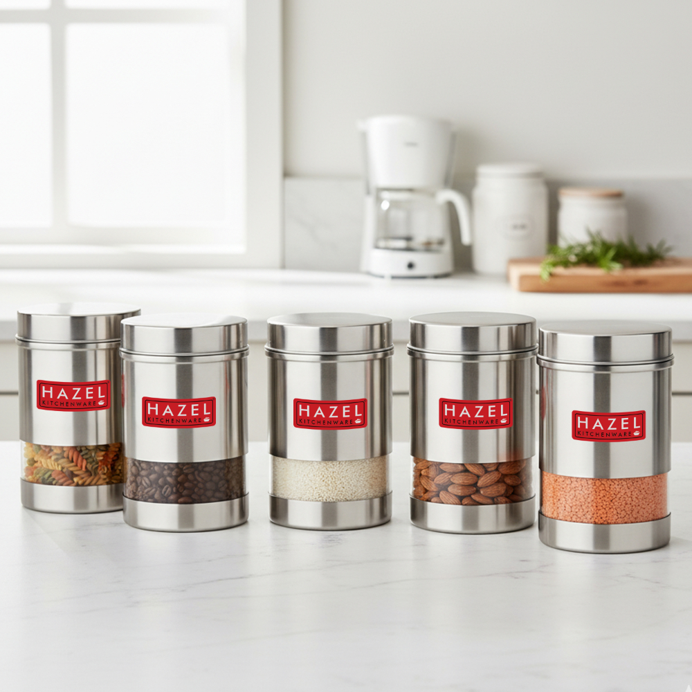 HAZEL Stainless Steel Transparent See Through Container Set of 5, Silver, 600 Ml Each