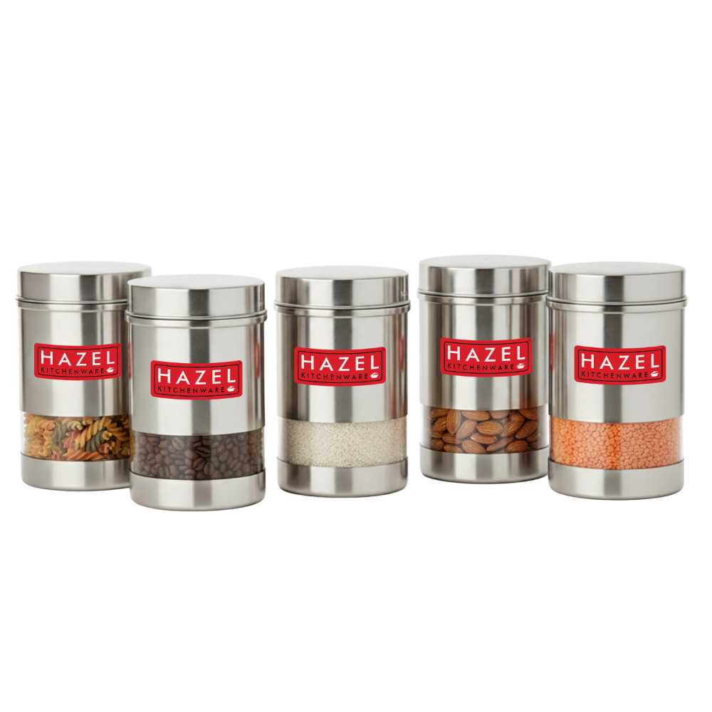 HAZEL Stainless Steel Transparent See Through Container Set of 5, Silver, 600 Ml Each