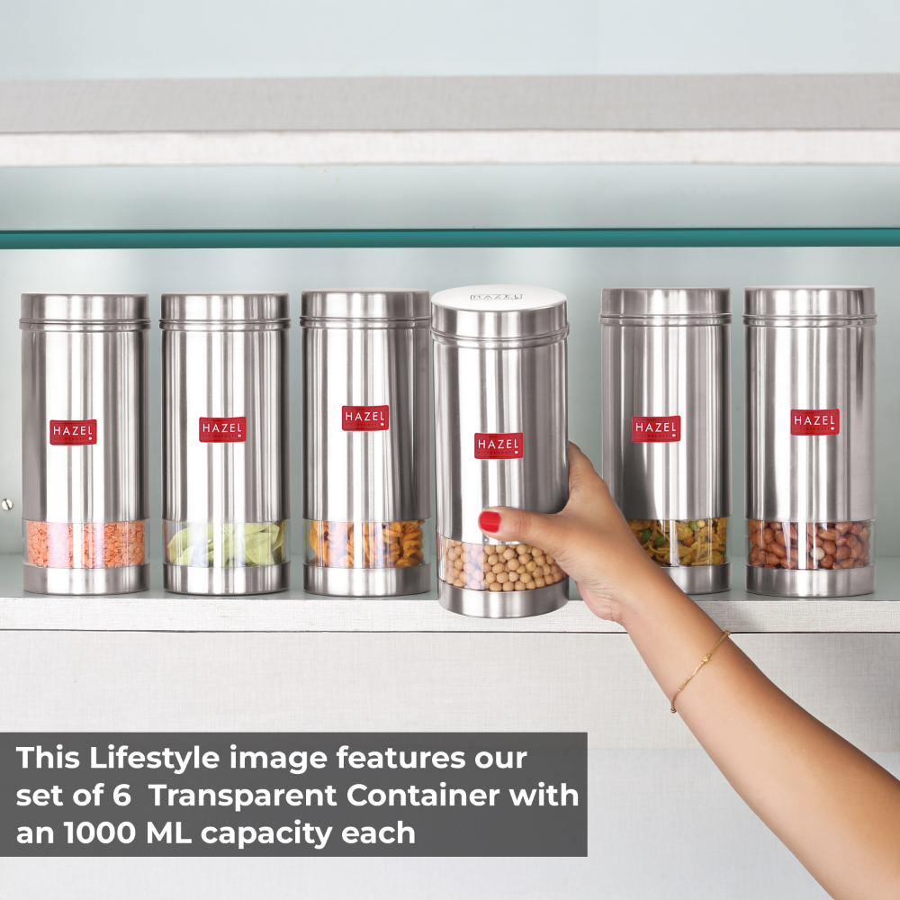 HAZEL Stainless Steel Transparent See Through Container Set of 5, Silver, 600 Ml Each