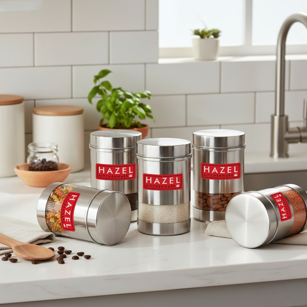 HAZEL Stainless Steel Transparent See Through Container Set of 5, Silver, 600 Ml Each