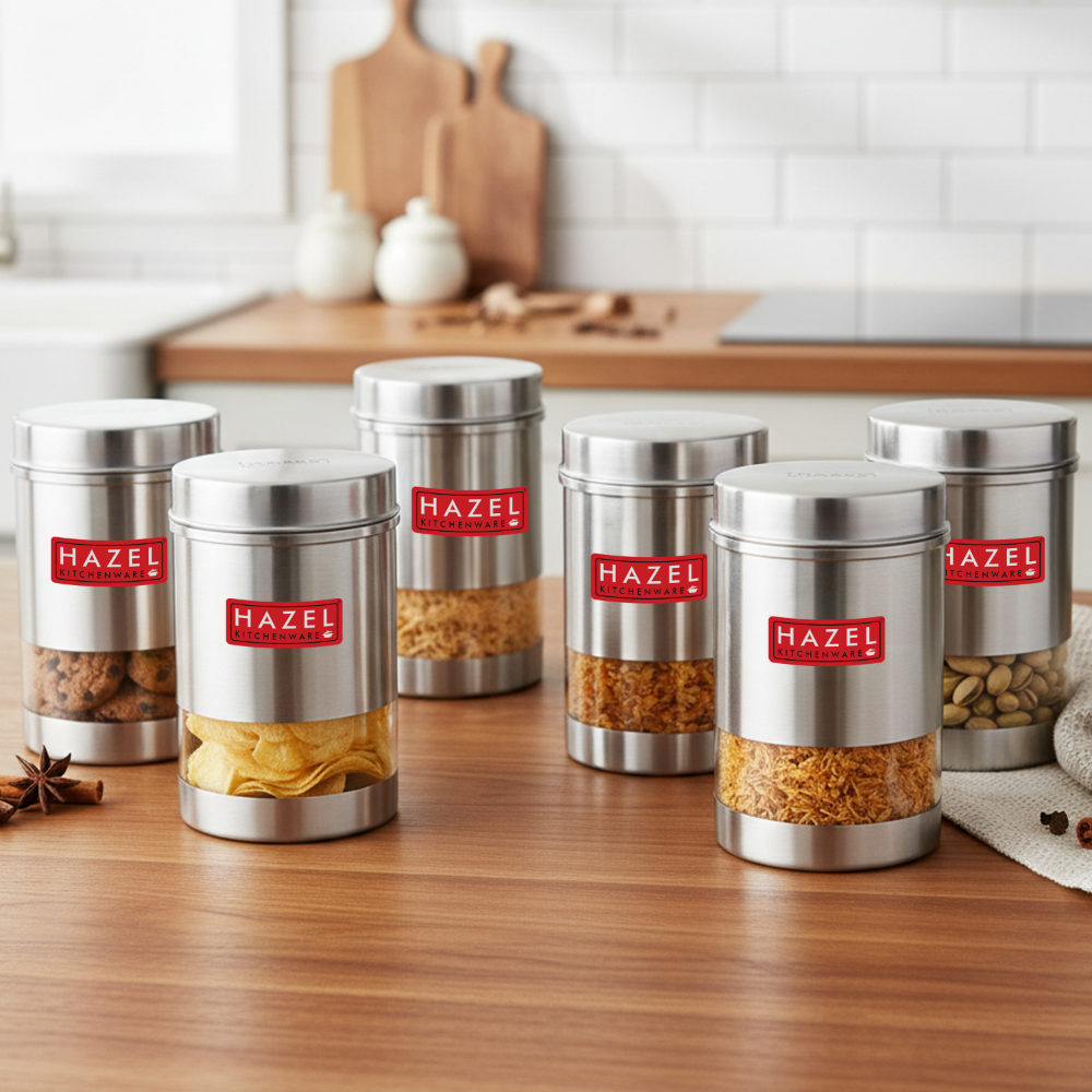HAZEL Stainless Steel Transparent See Through Container Set of 6, Silver, 600 Ml Each