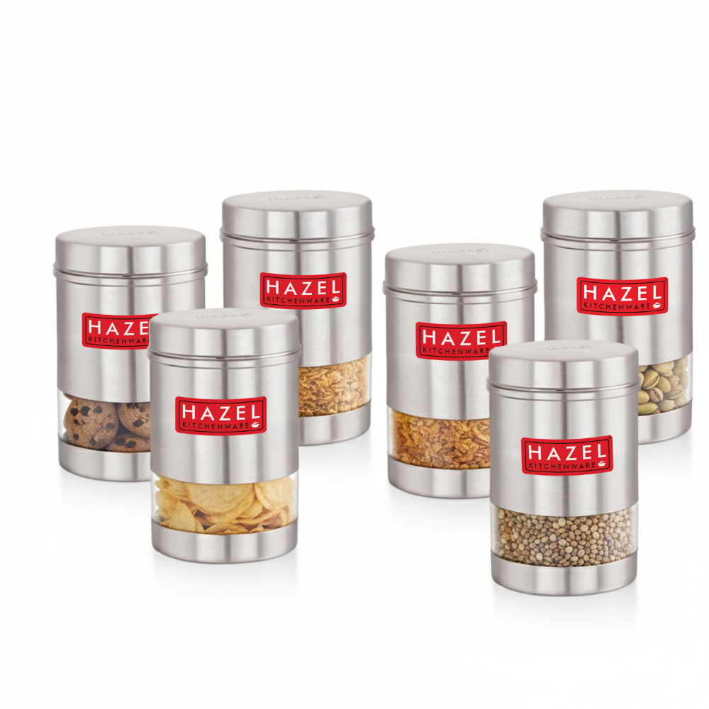 HAZEL Stainless Steel Transparent See Through Container Set of 6, Silver, 600 Ml Each
