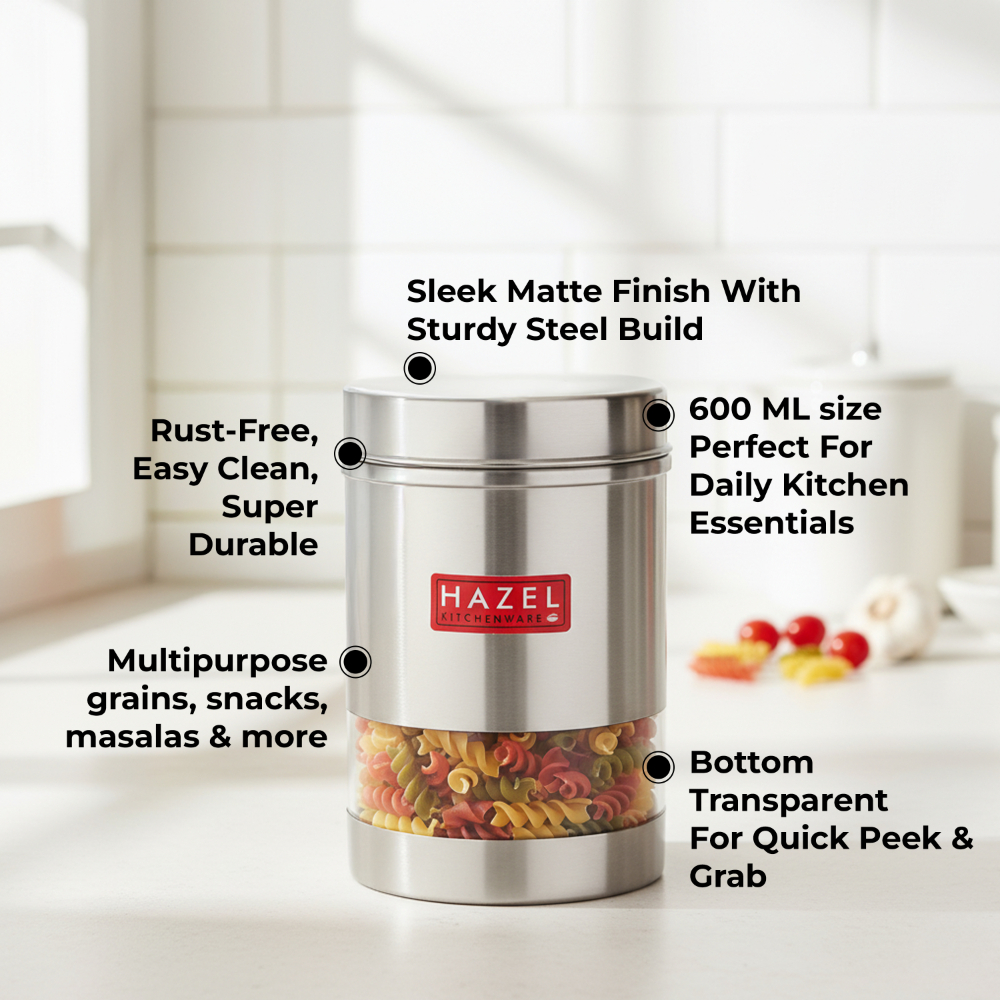 HAZEL Stainless Steel Transparent See Through Container Set of 6, Silver, 600 Ml Each