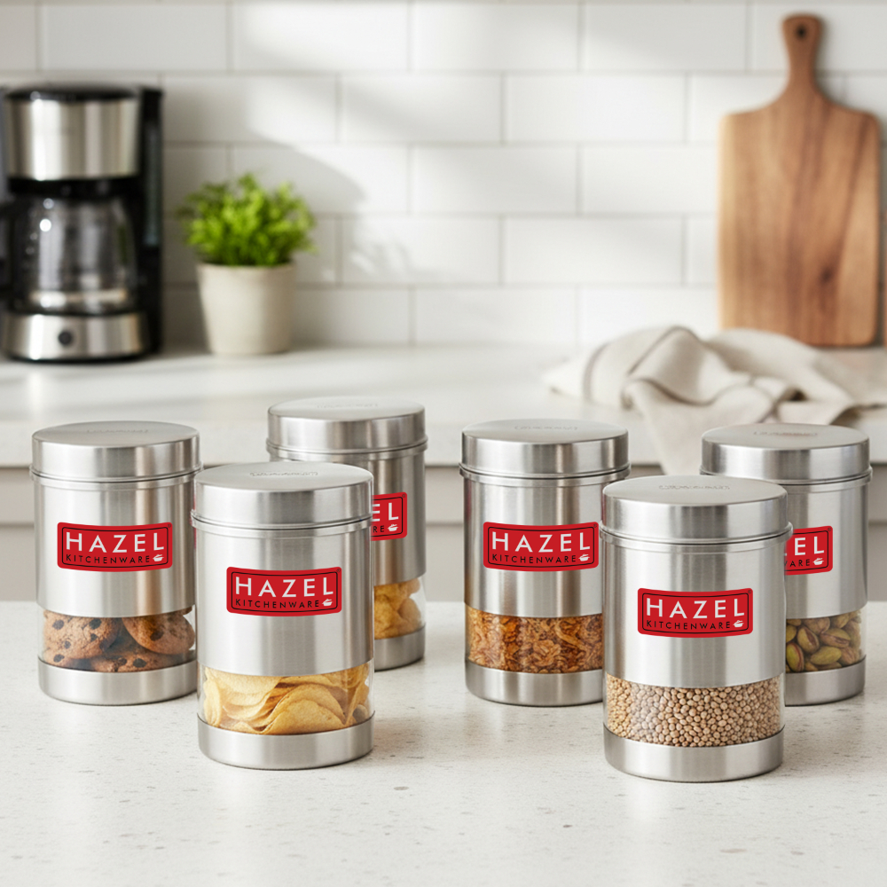 HAZEL Stainless Steel Transparent See Through Container Set of 6, Silver, 600 Ml Each