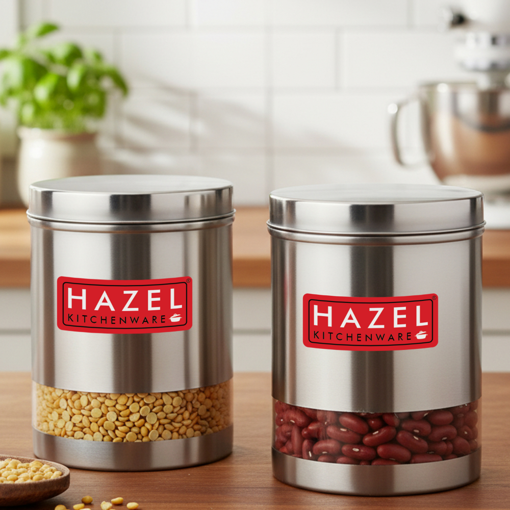 HAZEL Stainless Steel Containers Set For Kitchen Storage Transparent See Through Matt Finish Storage Jars Dabba, Set of 2, 2200 ML Each, Silver