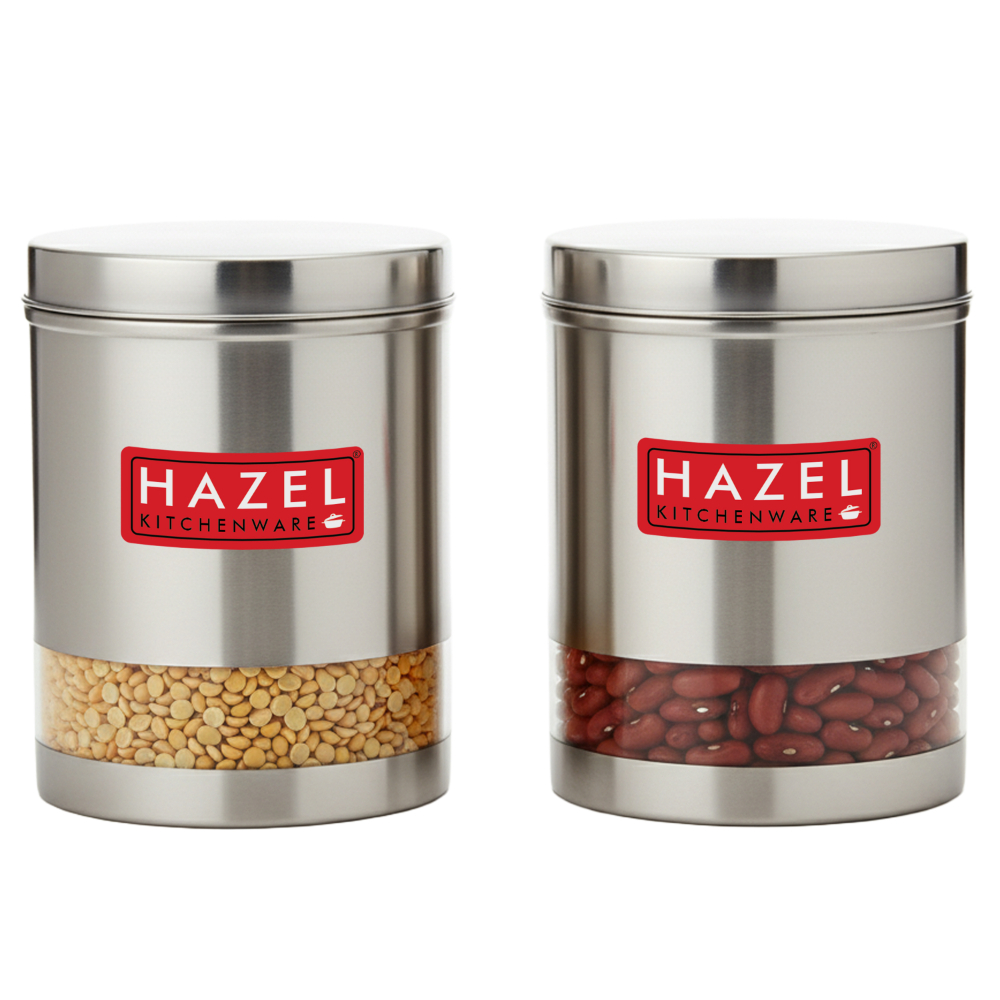 HAZEL Stainless Steel Containers Set For Kitchen Storage Transparent See Through Matt Finish Storage Jars Dabba, Set of 2, 2200 ML Each, Silver