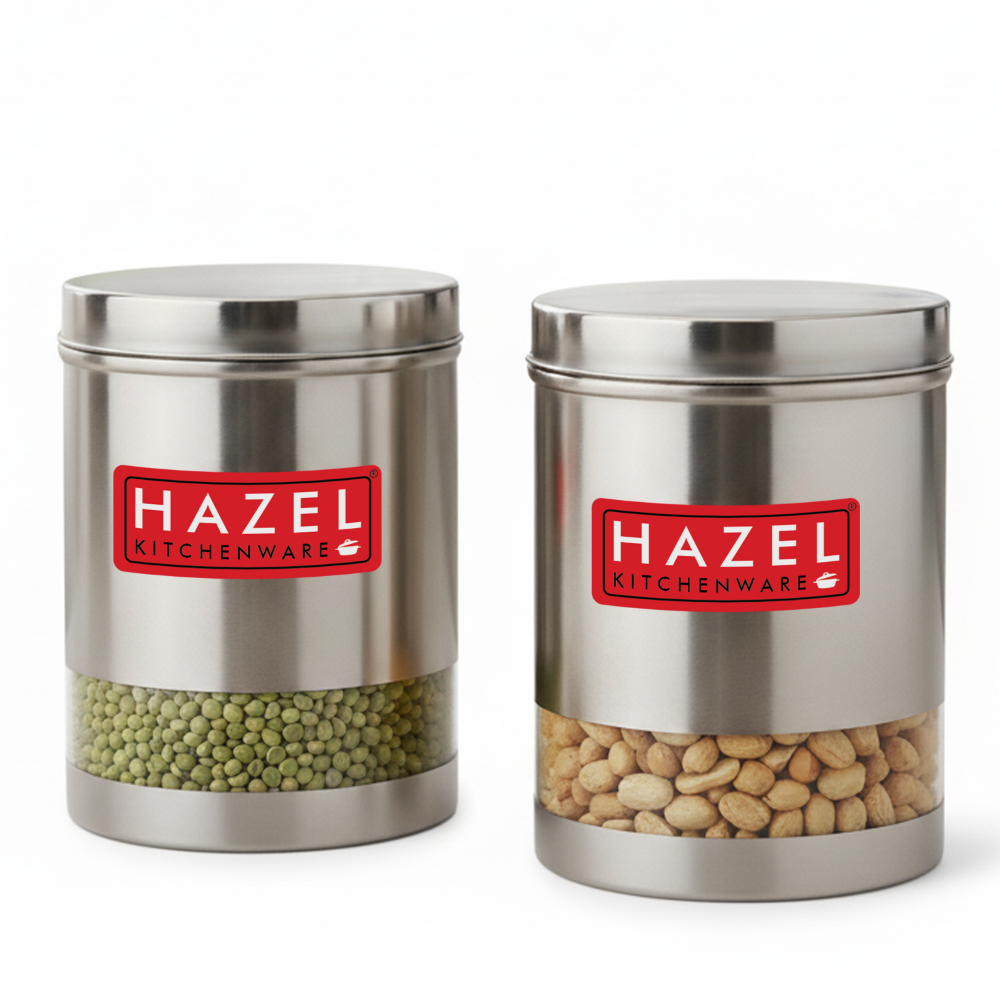 HAZEL Stainless Steel Containers Set For Kitchen Storage Transparent See Through Matt Finish Storage Jars Dabba, Set of 2, 2200 ML Each, Silver