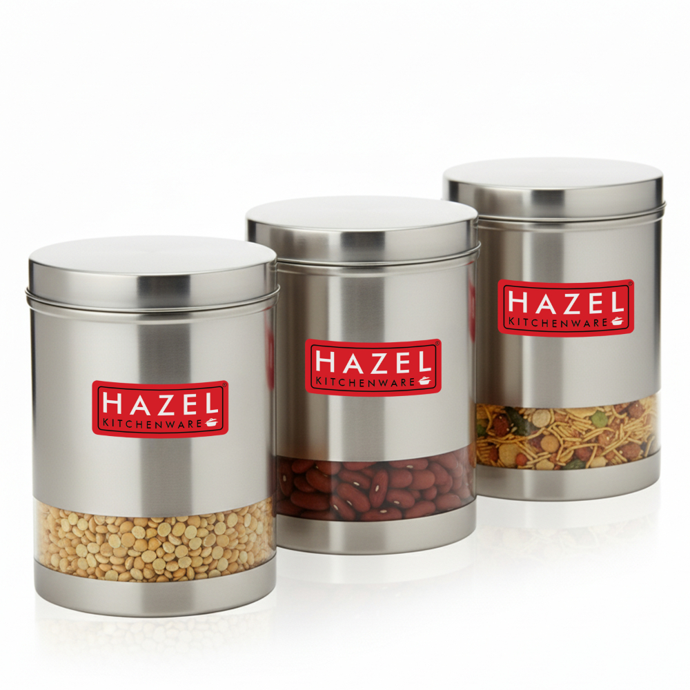 HAZEL Stainless Steel Containers Set For Kitchen Storage Transparent See Through Matt Finish Storage Jars Dabba, Set of 3, 2200 ML Each, Silver