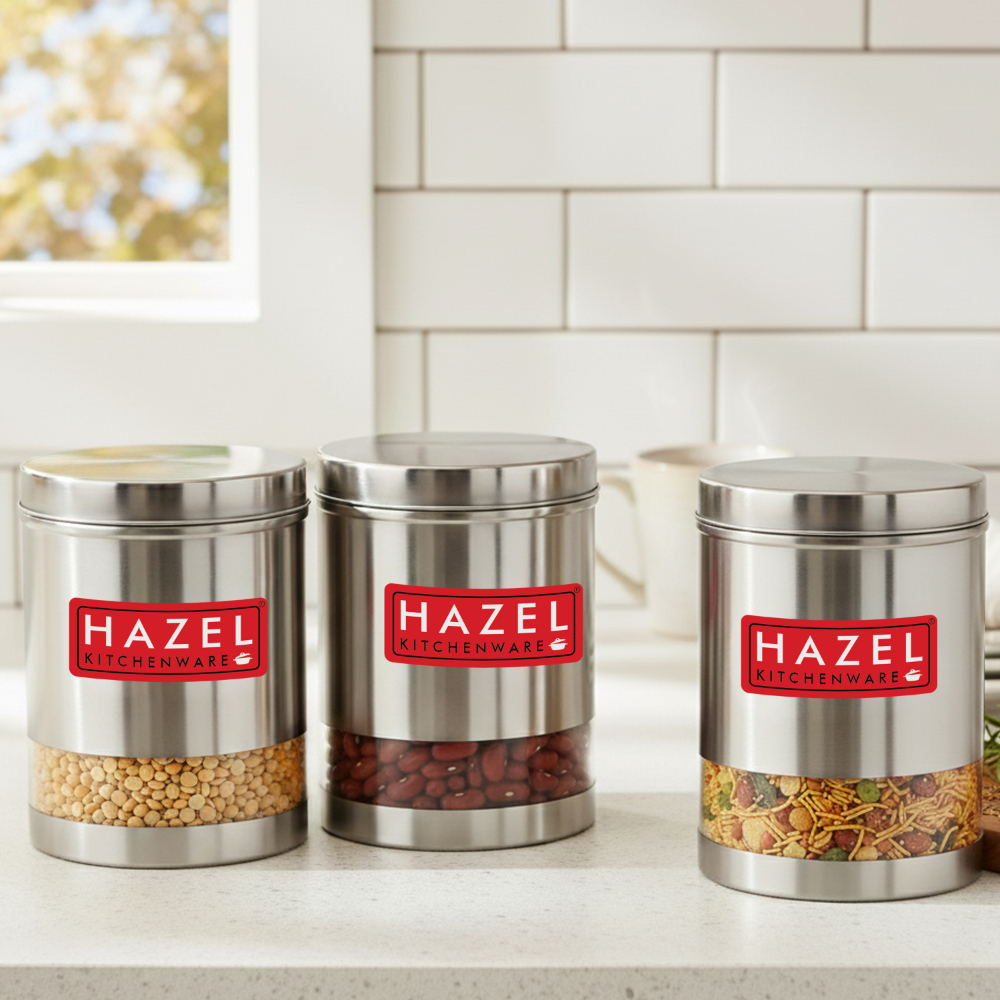 HAZEL Stainless Steel Containers Set For Kitchen Storage Transparent See Through Matt Finish Storage Jars Dabba, Set of 3, 2200 ML Each, Silver
