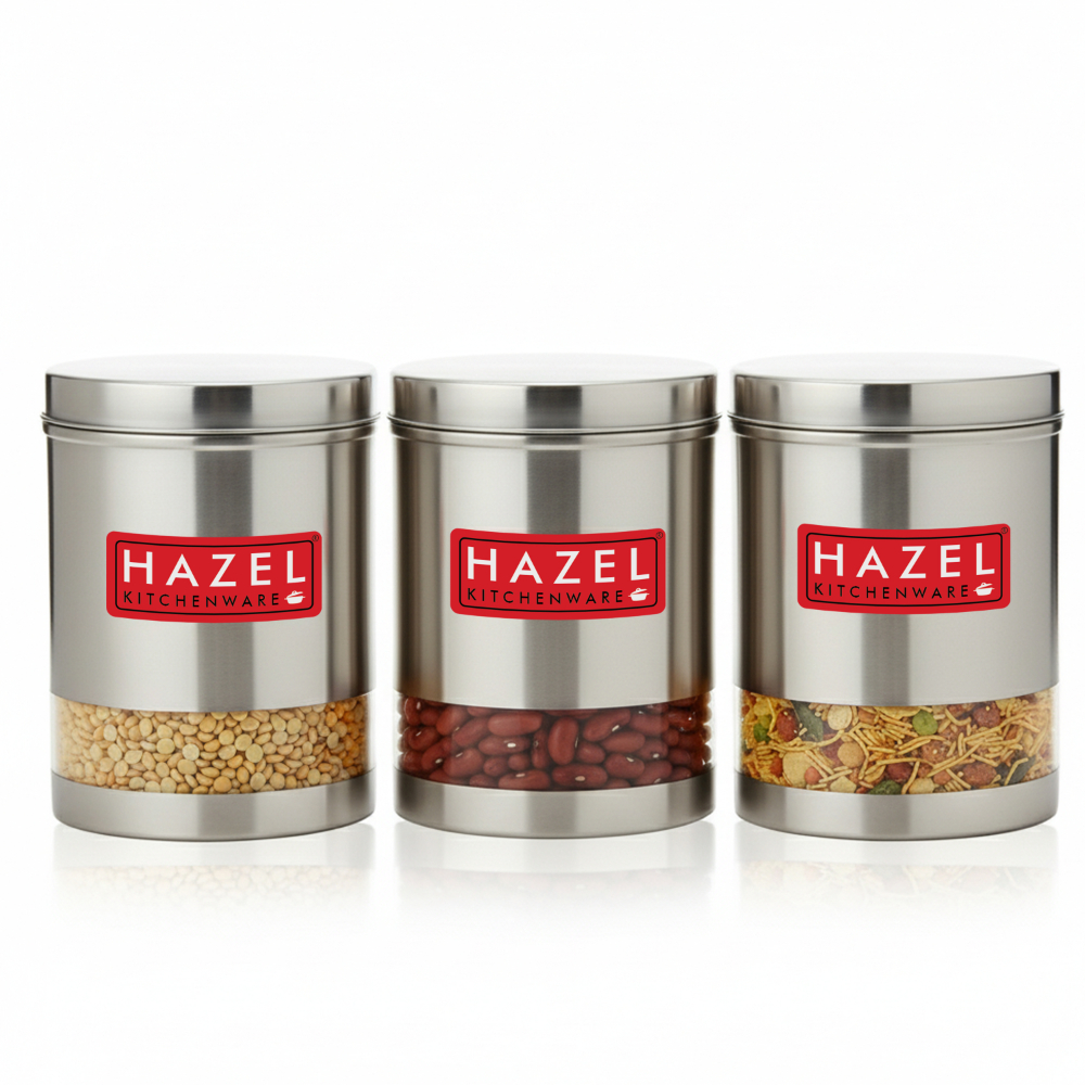 HAZEL Stainless Steel Containers Set For Kitchen Storage Transparent See Through Matt Finish Storage Jars Dabba, Set of 3, 2200 ML Each, Silver