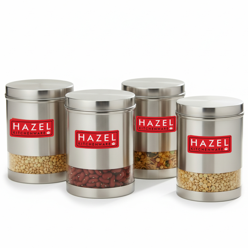 HAZEL Stainless Steel Containers Set For Kitchen Storage Transparent See Through Matt Finish Storage Jars Dabba, Set of 4, 2200 ML Each, Silver