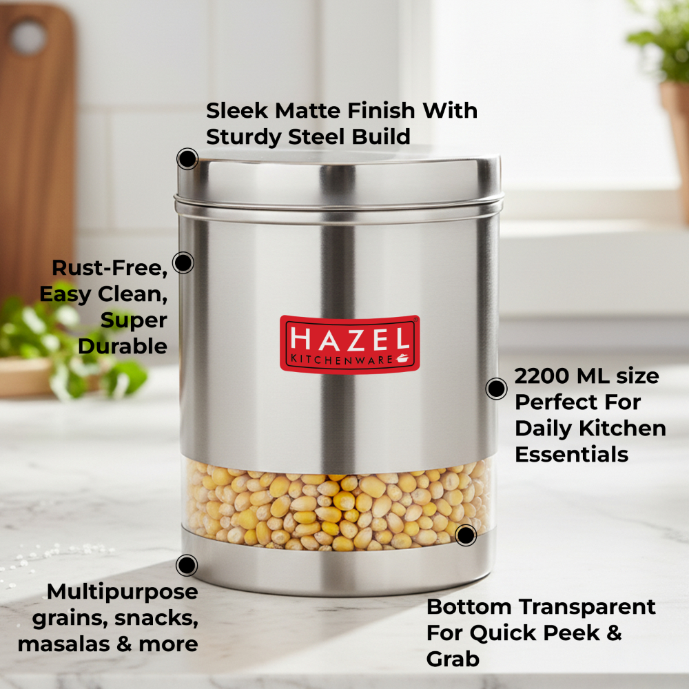 HAZEL Stainless Steel Containers Set For Kitchen Storage Transparent See Through Matt Finish Storage Jars Dabba, Set of 4, 2200 ML Each, Silver