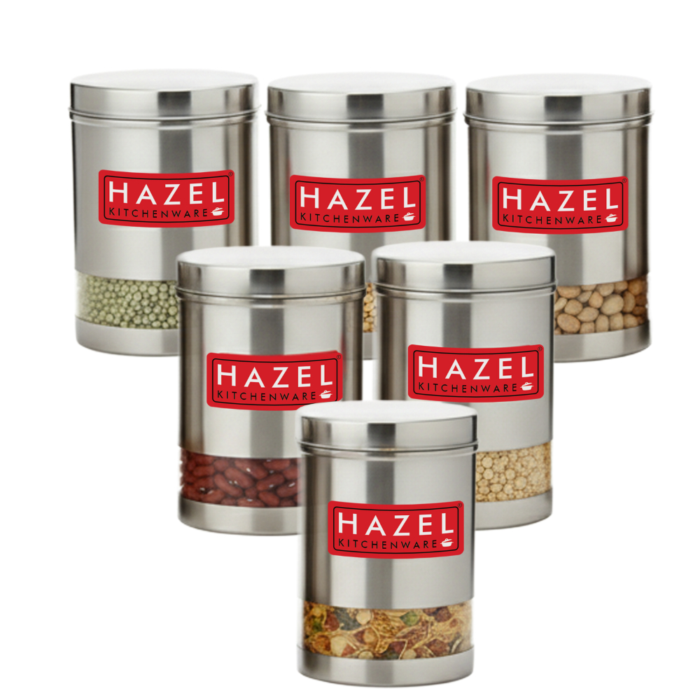 HAZEL Stainless Steel Containers Set For Kitchen Storage Transparent See Through Matt Finish Storage Jars Dabba, Set of 6, 2200 ML Each, Silver