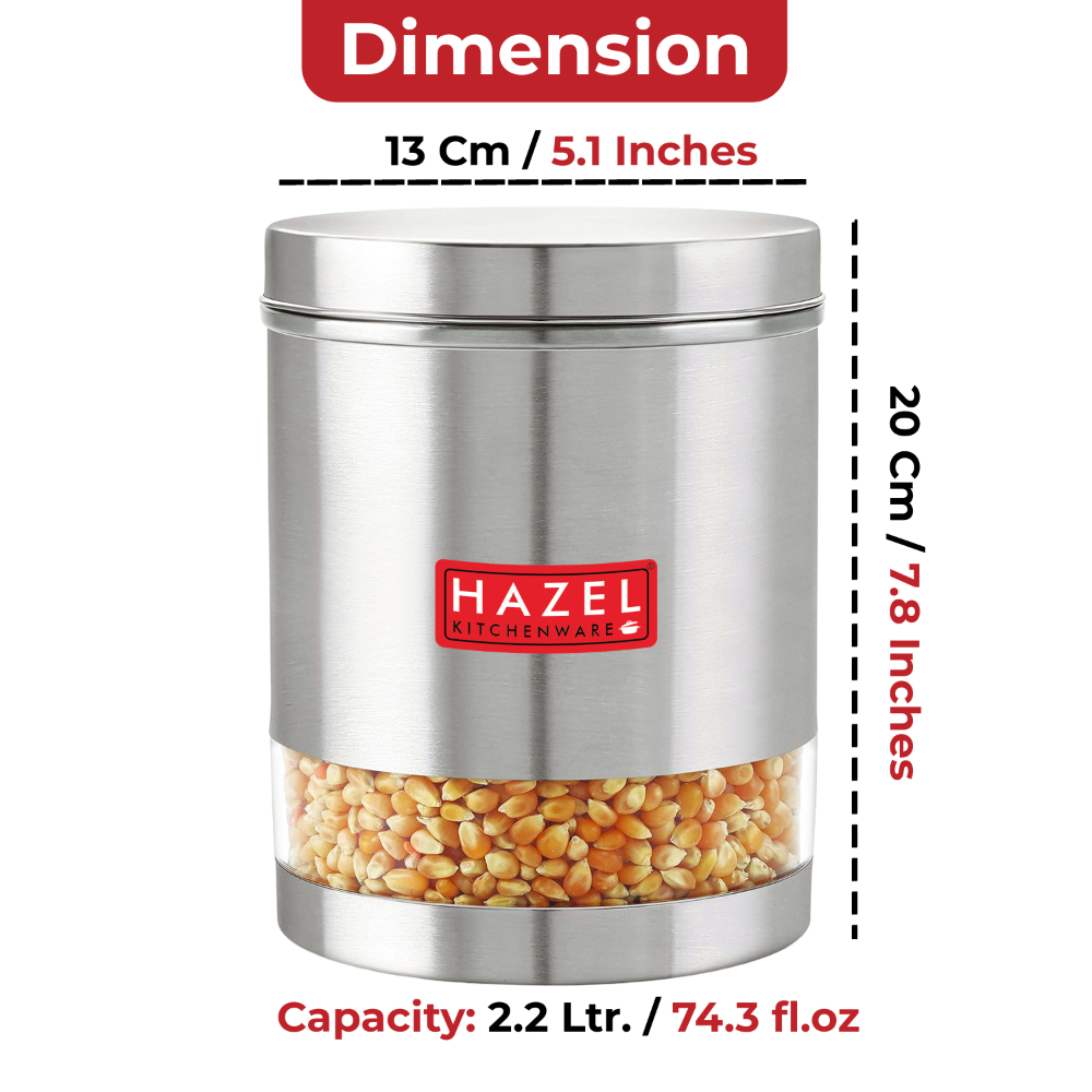 HAZEL Stainless Steel Containers Set For Kitchen Storage Transparent See Through Matt Finish Storage Jars Dabba, Set of 6, 2200 ML Each, Silver
