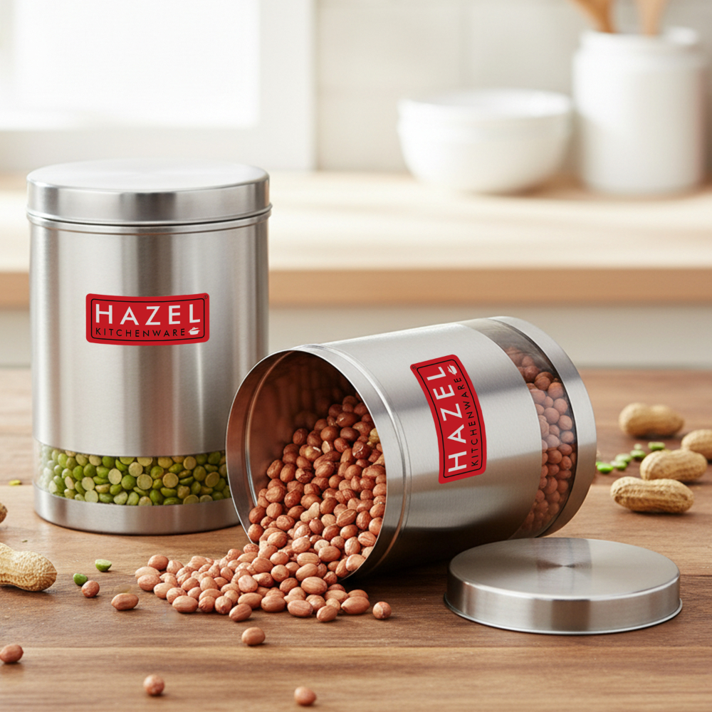 HAZEL Stainless Steel Containers Set For Kitchen Storage Transparent See Through Matt Finish Storage Jars Dabba, Set of 2, 3000 ML Each, Silver
