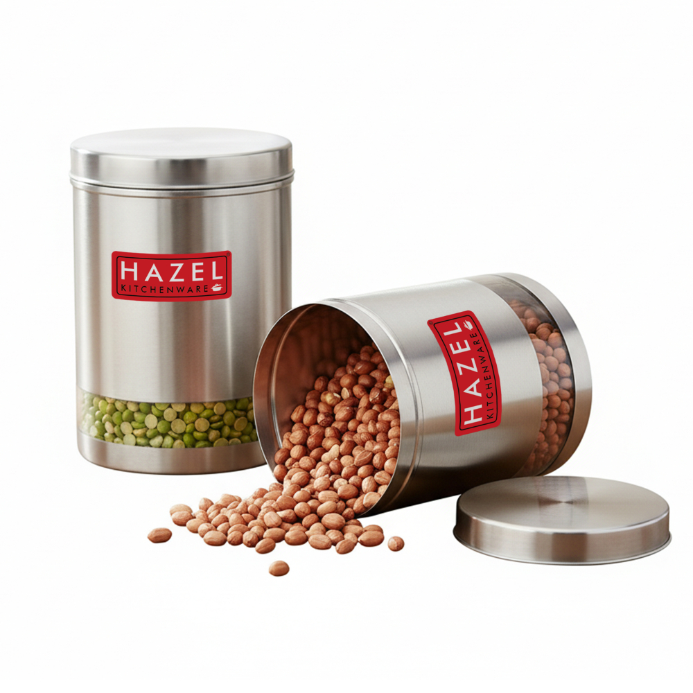 HAZEL Stainless Steel Containers Set For Kitchen Storage Transparent See Through Matt Finish Storage Jars Dabba, Set of 2, 3000 ML Each, Silver