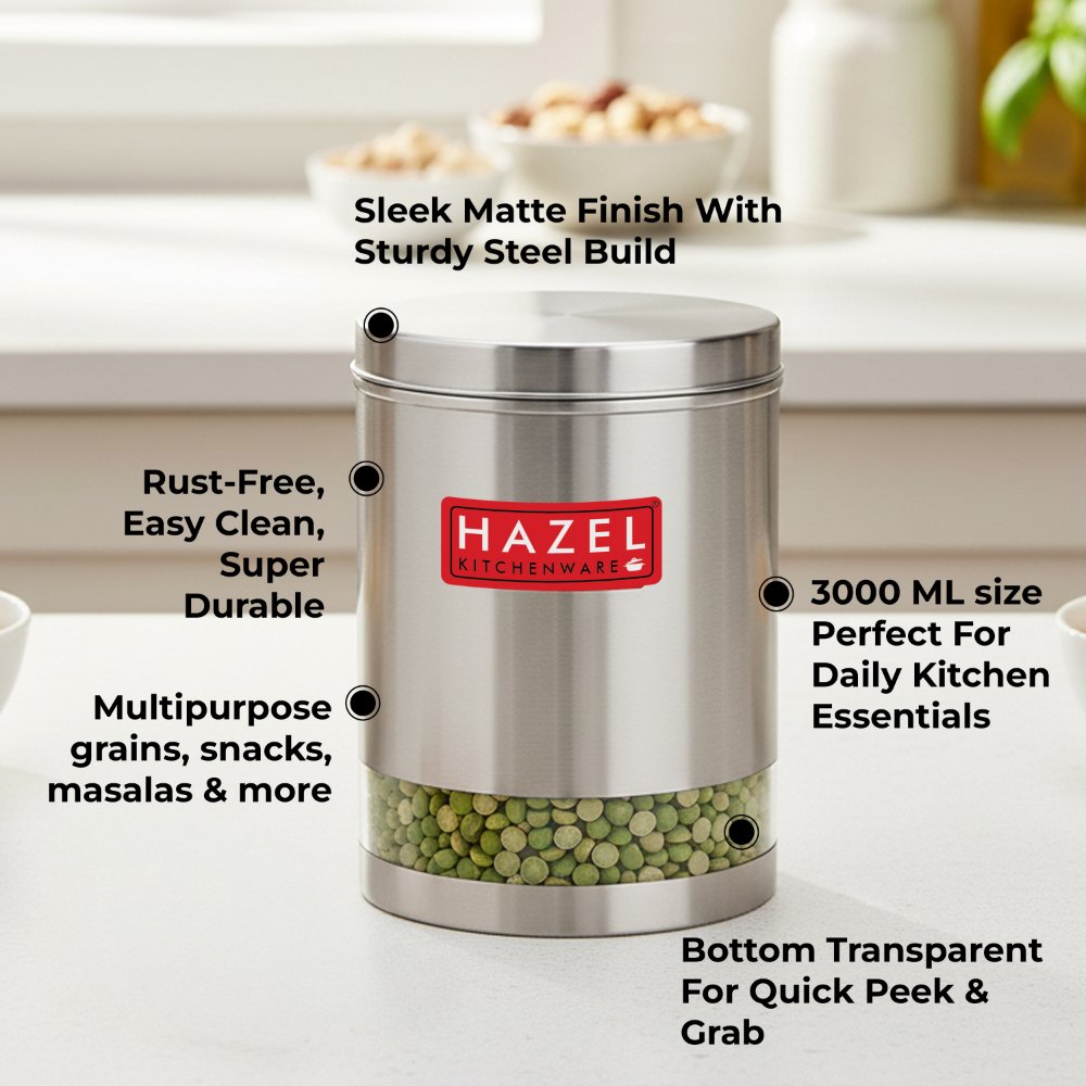 HAZEL Stainless Steel Containers Set For Kitchen Storage Transparent See Through Matt Finish Storage Jars Dabba, Set of 2, 3000 ML Each, Silver