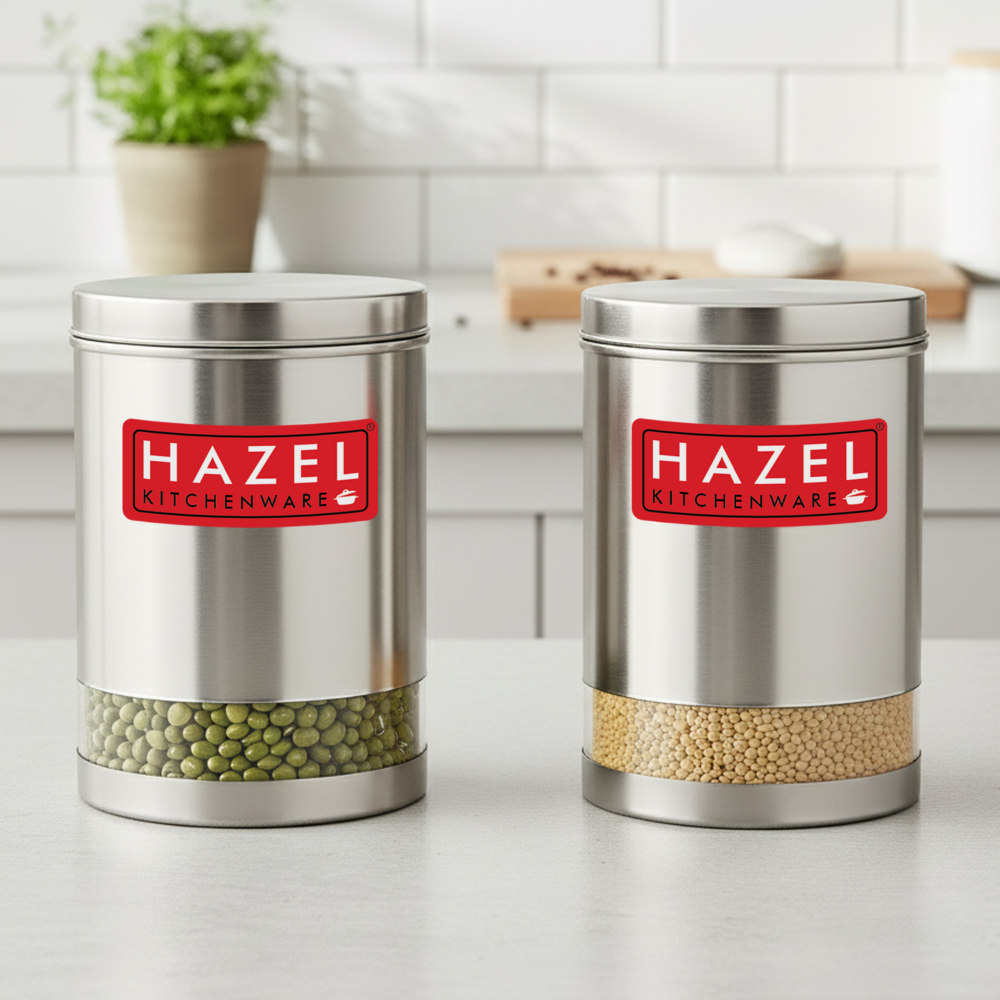 HAZEL Stainless Steel Containers Set For Kitchen Storage Transparent See Through Matt Finish Storage Jars Dabba, Set of 2, 3000 ML Each, Silver