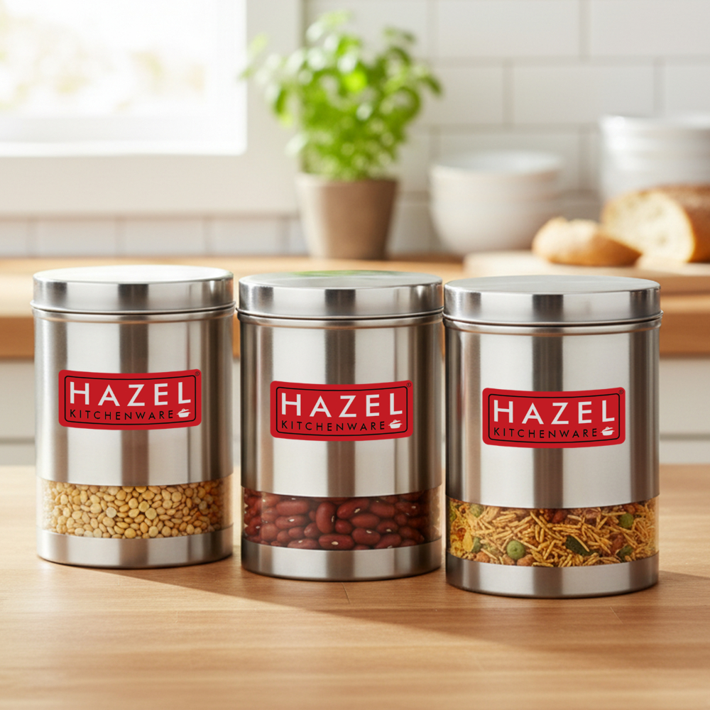 HAZEL Stainless Steel Containers Set For Kitchen Storage Transparent See Through Matt Finish Storage Jars Dabba, Set of 3, 3000 ML Each, Silver