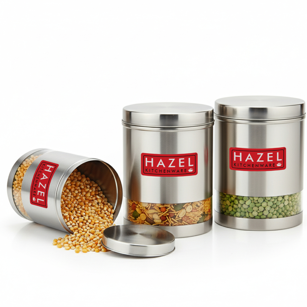 HAZEL Stainless Steel Containers Set For Kitchen Storage Transparent See Through Matt Finish Storage Jars Dabba, Set of 3, 3000 ML Each, Silver
