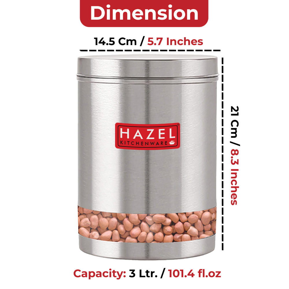 HAZEL Stainless Steel Containers Set For Kitchen Storage Transparent See Through Matt Finish Storage Jars Dabba, Set of 3, 3000 ML Each, Silver