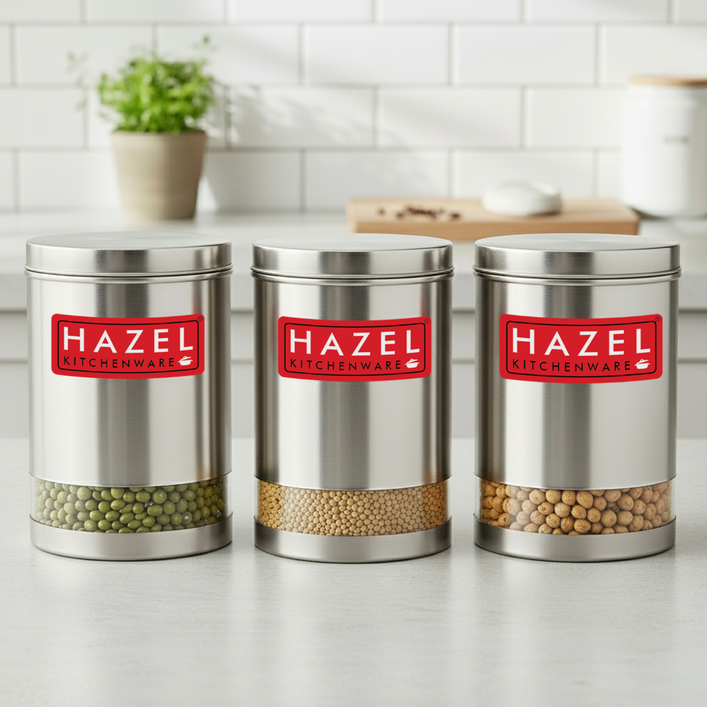 HAZEL Stainless Steel Containers Set For Kitchen Storage Transparent See Through Matt Finish Storage Jars Dabba, Set of 3, 3000 ML Each, Silver