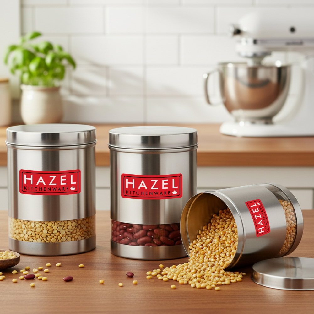 HAZEL Stainless Steel Containers Set For Kitchen Storage Transparent See Through Matt Finish Storage Jars Dabba, Set of 3, 3000 ML Each, Silver