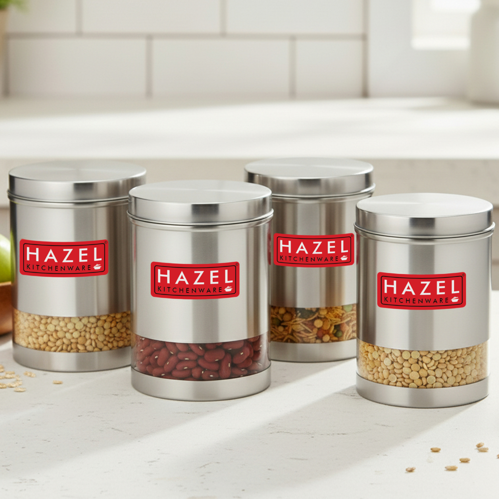 HAZEL Stainless Steel Containers Set For Kitchen Storage Transparent See Through Matt Finish Storage Jars Dabba, Set of 4, 3000 ML Each, Silver
