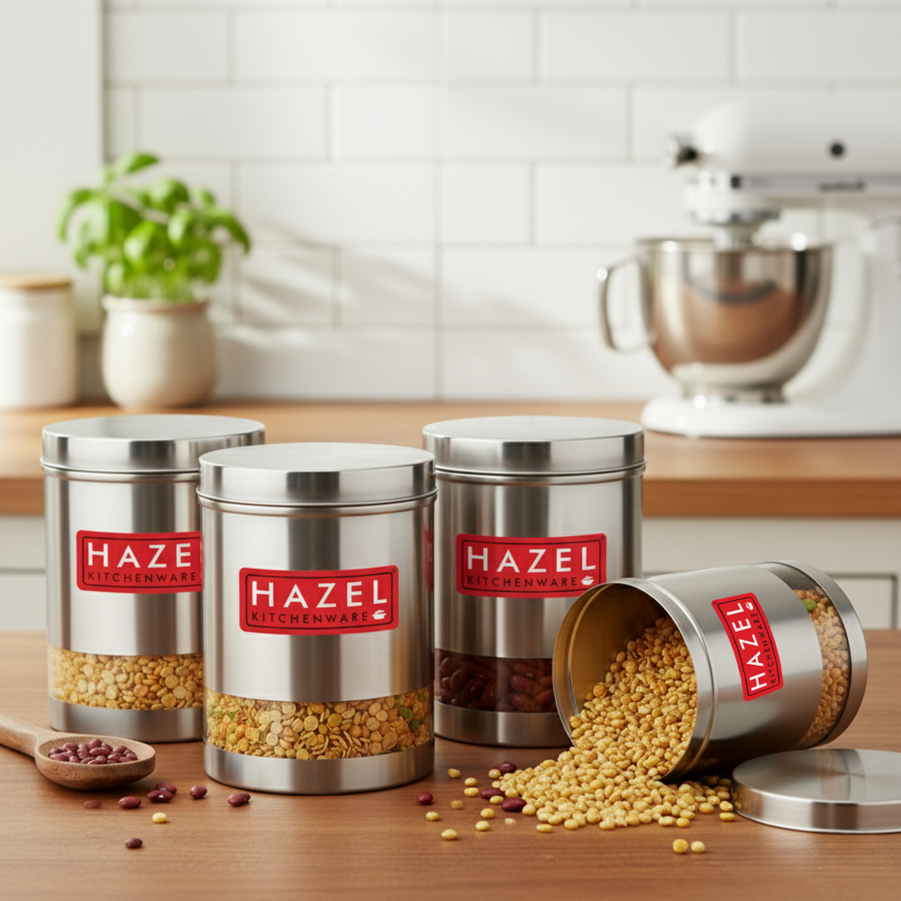 HAZEL Stainless Steel Containers Set For Kitchen Storage Transparent See Through Matt Finish Storage Jars Dabba, Set of 4, 3000 ML Each, Silver