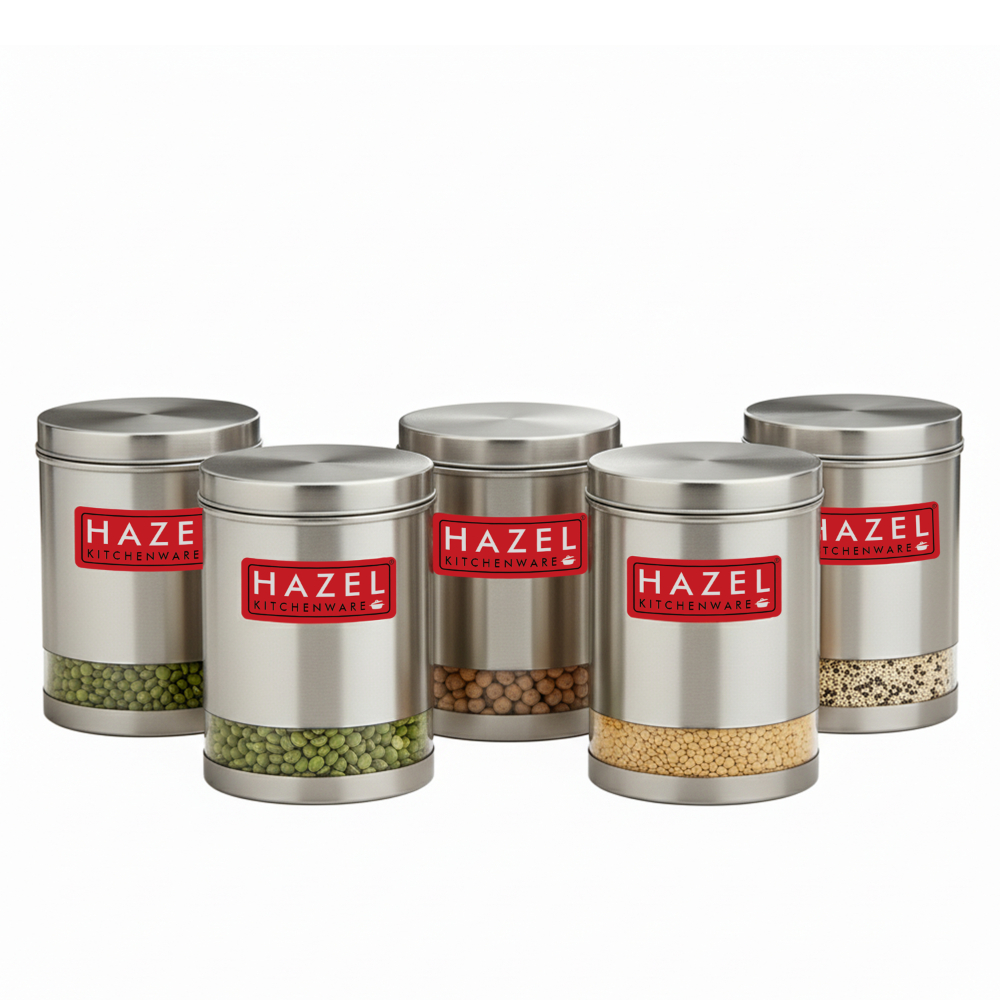 HAZEL Stainless Steel Containers Set For Kitchen Storage Transparent See Through Matt Finish Storage Jars Dabba, Set of 5, 3000 ML Each, Silver