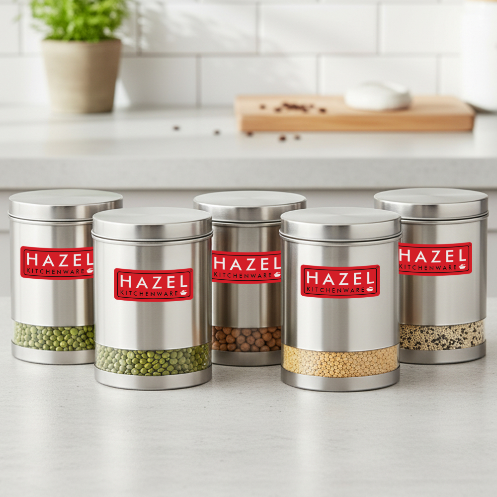 HAZEL Stainless Steel Containers Set For Kitchen Storage Transparent See Through Matt Finish Storage Jars Dabba, Set of 5, 3000 ML Each, Silver