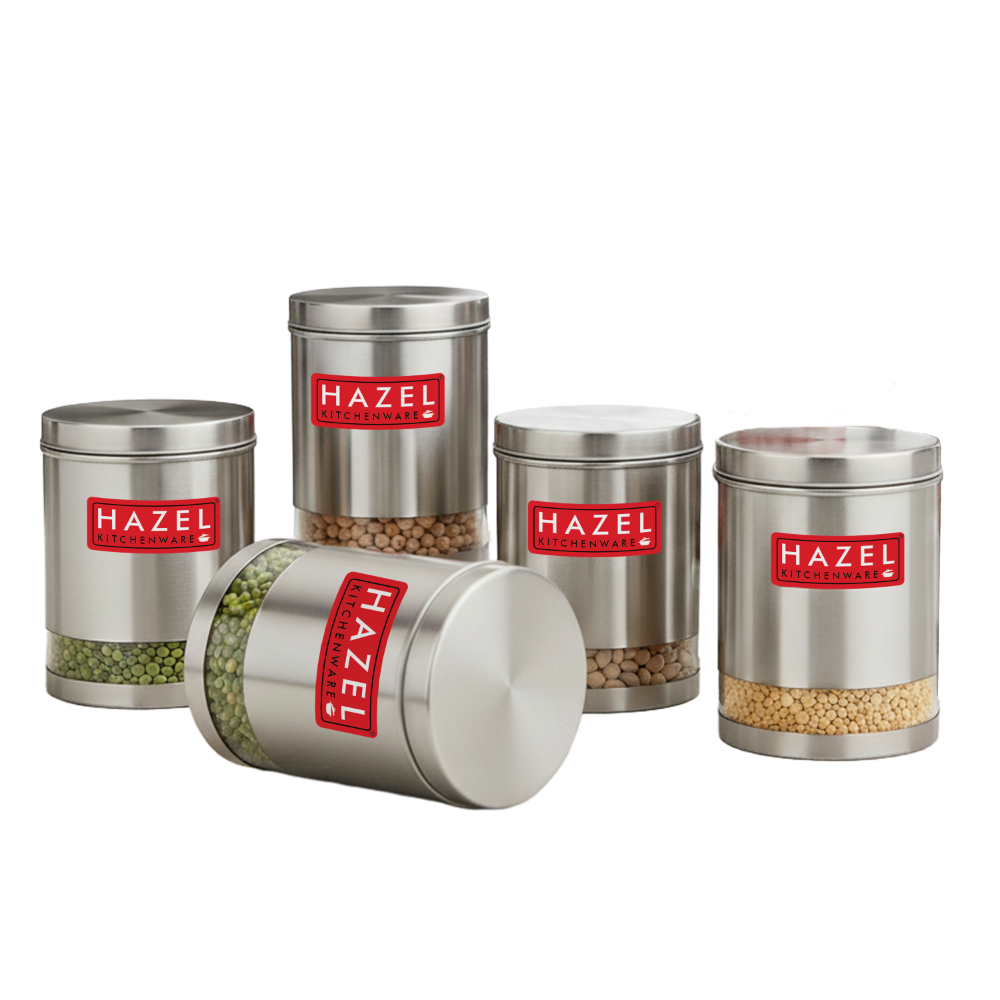 HAZEL Stainless Steel Containers Set For Kitchen Storage Transparent See Through Matt Finish Storage Jars Dabba, Set of 5, 3000 ML Each, Silver