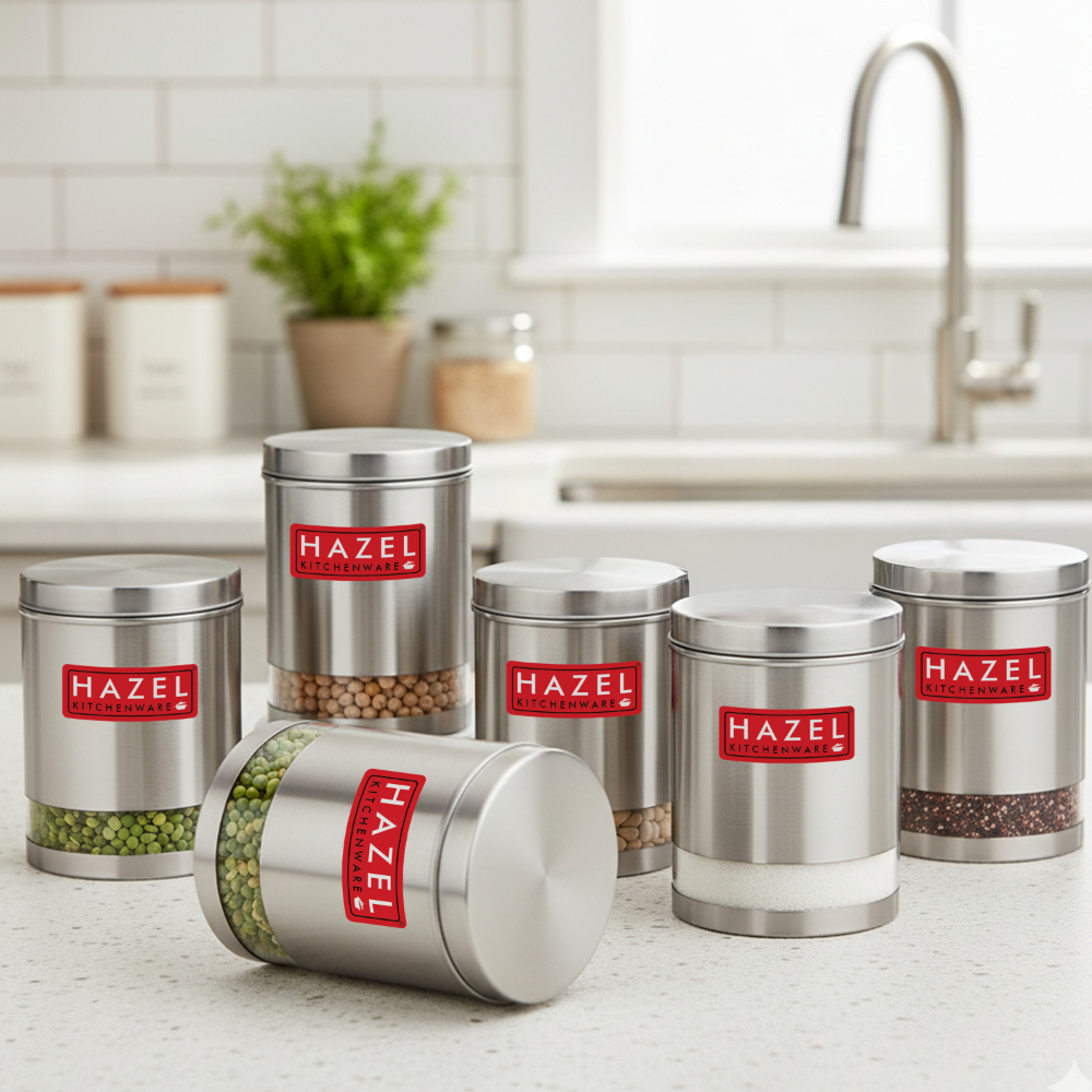 HAZEL Stainless Steel Containers Set For Kitchen Storage Transparent See Through Matt Finish Storage Jars Dabba, Set of 6, 3000 ML Each, Silver