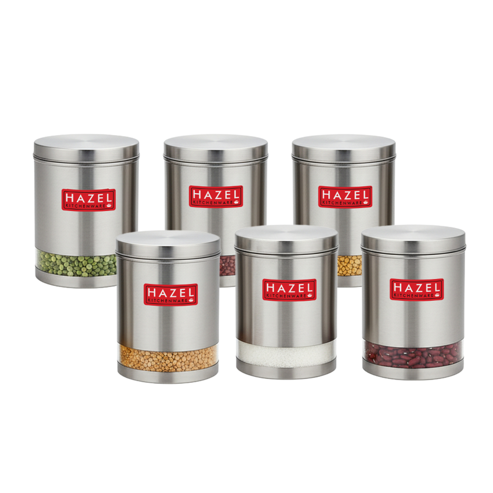 HAZEL Stainless Steel Containers Set For Kitchen Storage Transparent See Through Matt Finish Storage Jars Dabba, Set of 6, 3000 ML Each, Silver