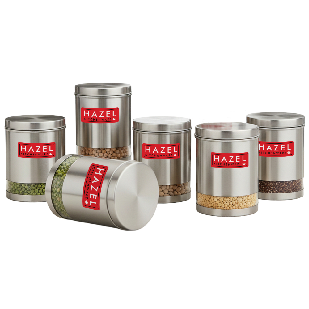 HAZEL Stainless Steel Containers Set For Kitchen Storage Transparent See Through Matt Finish Storage Jars Dabba, Set of 6, 3000 ML Each, Silver